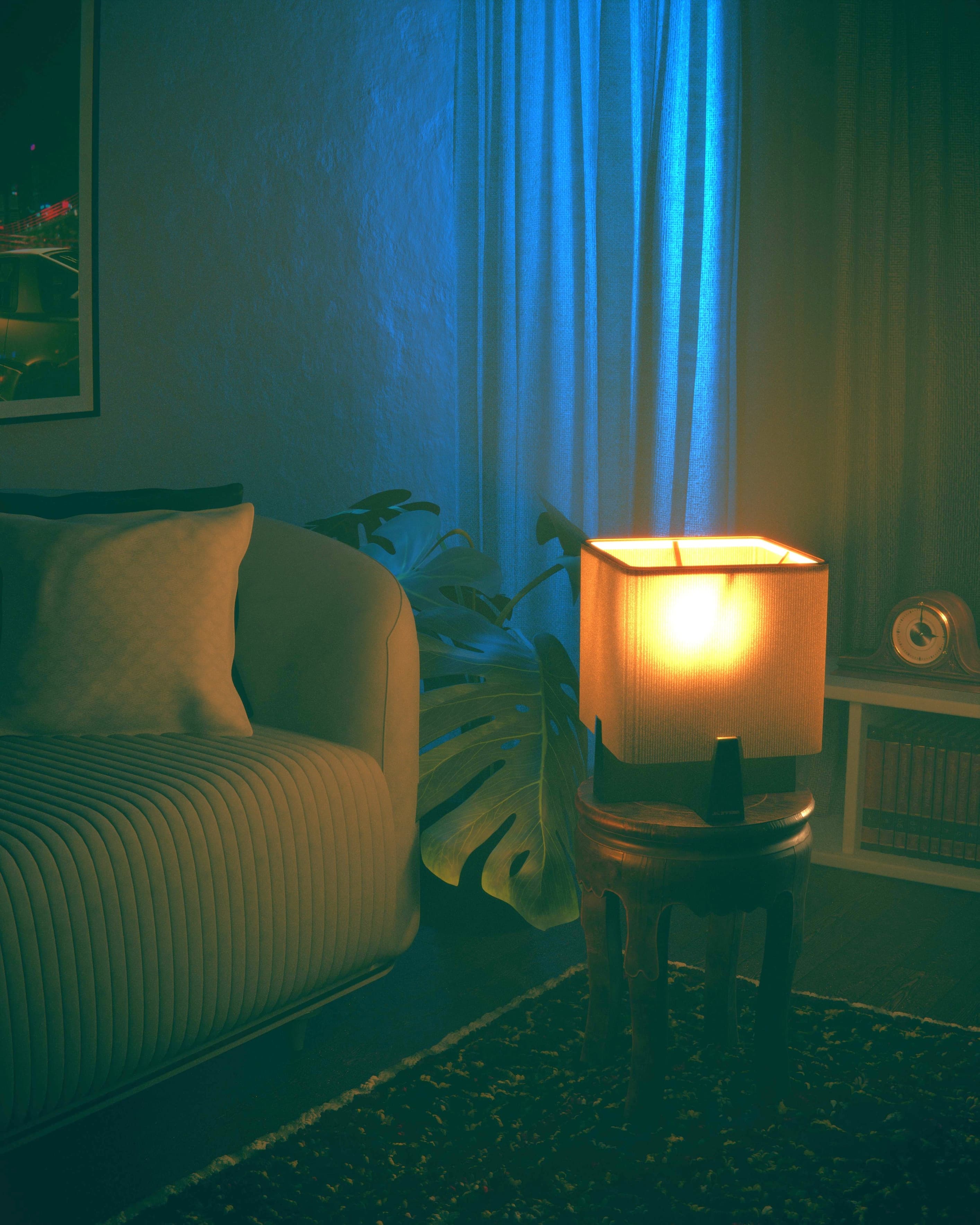 Actual Auto output with more visible sofa and curtain shadows, preserving the warm lamp and blue light