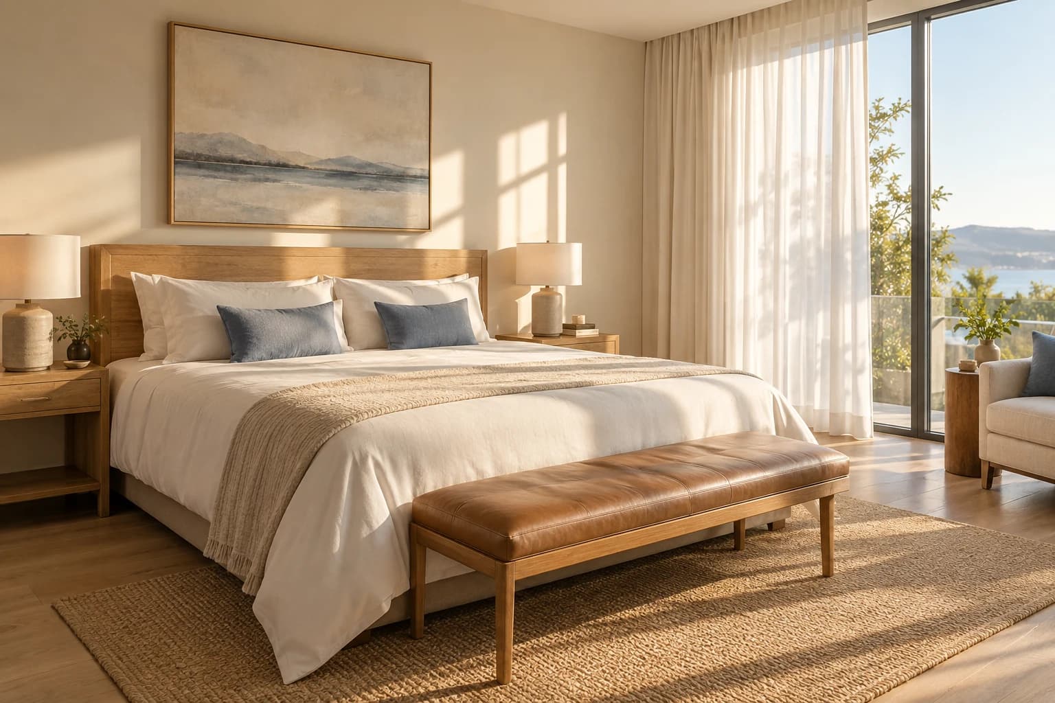 AI visual illustration of a bedroom with warm window light, ivory bedding and a leather bench