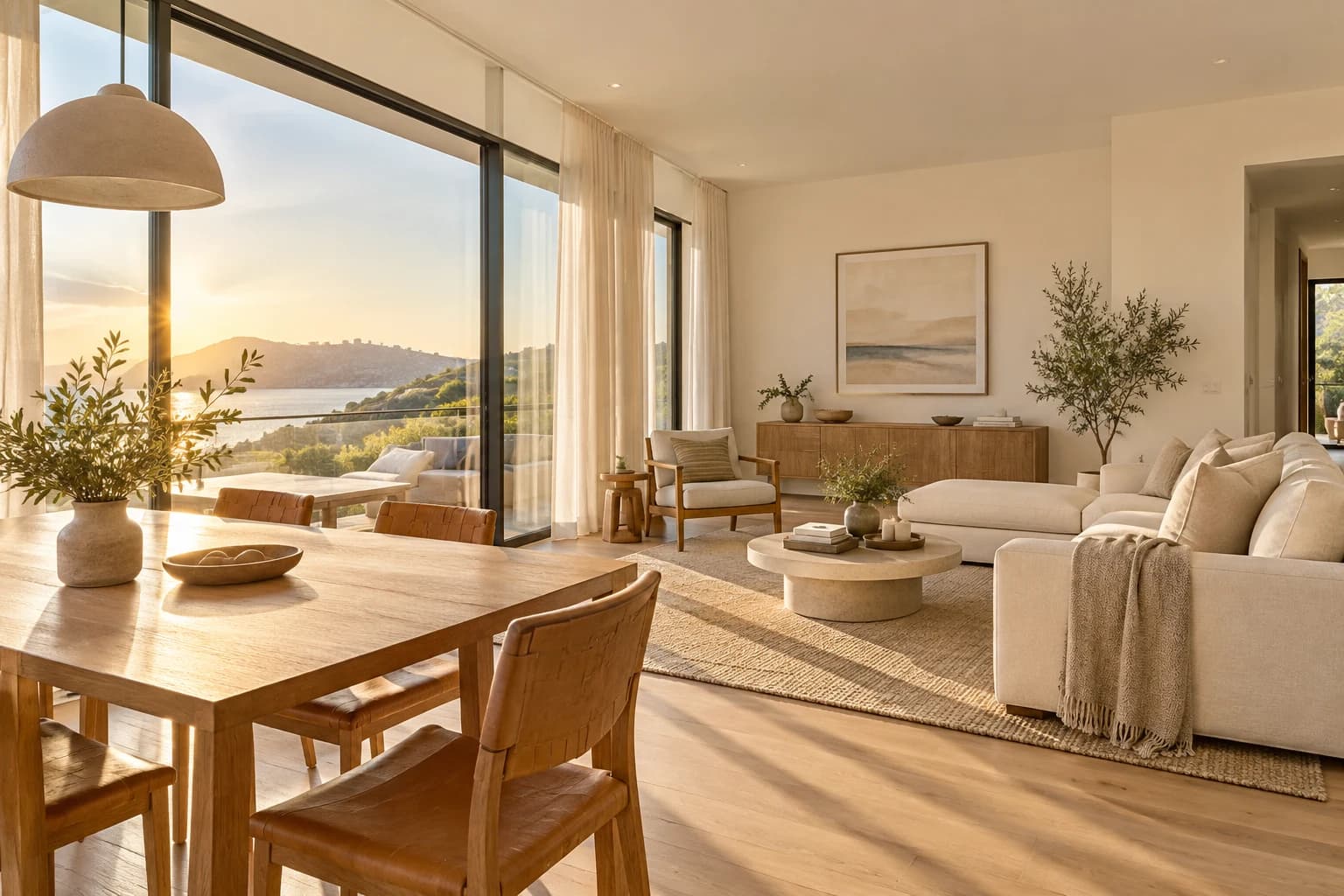 AI visual illustration of a warm sunlit living and dining room with ivory fabric and oak furniture