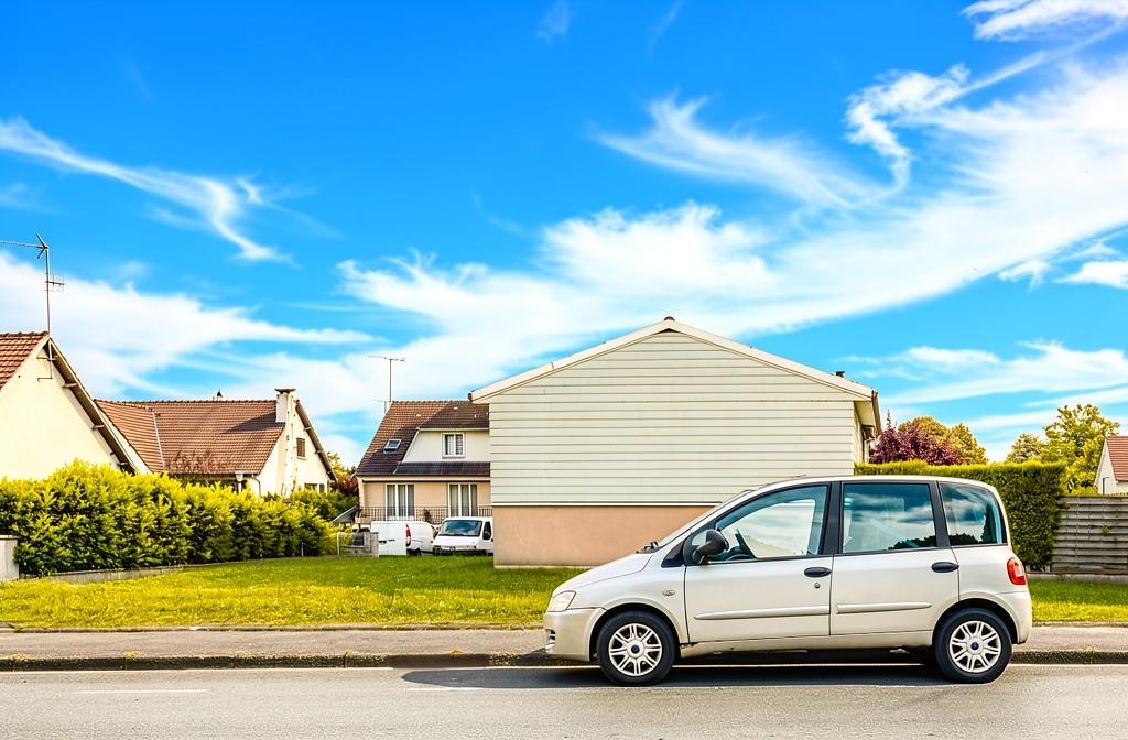 Same exterior photo with a clear blue sky, everything else unchanged